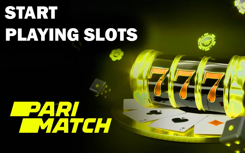 Casino slots with poker chips and dice with yellow light and Parimatch logo