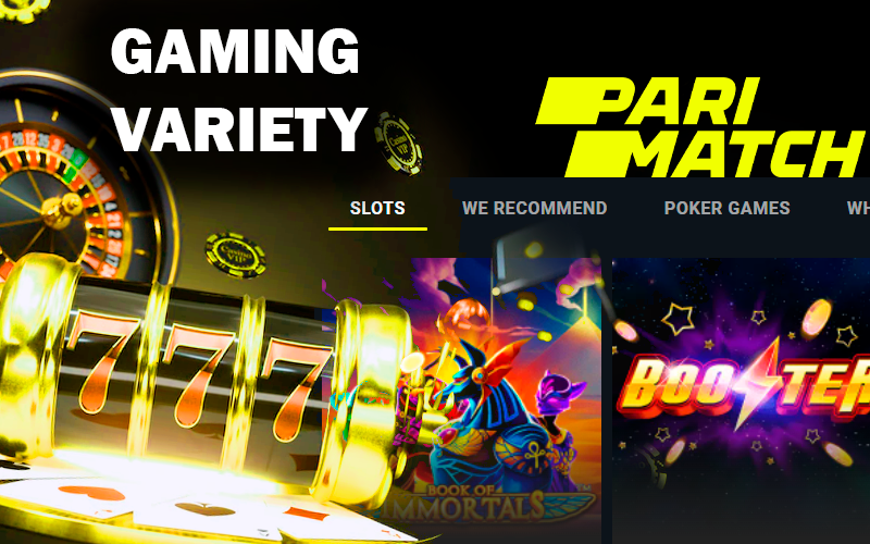 Glowing casino slots with playing cards, roulette and poker chips, screenshot fo slots category on Parimatch site and Parimatch logo