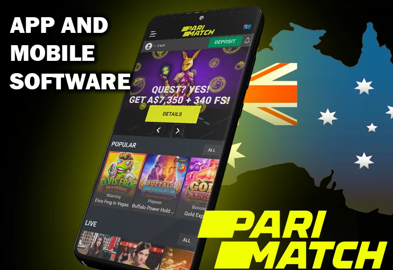 Parimatch casino site opened on a smartphone and Australian map coloured in AU Map and Parimatch logo