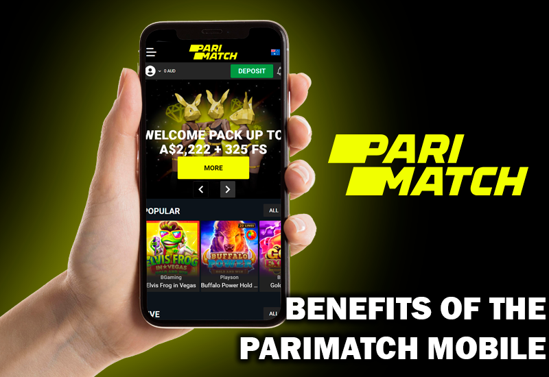 Someone's hand holdind a smartphone with opened Parimatch casion site and Parimatch logo