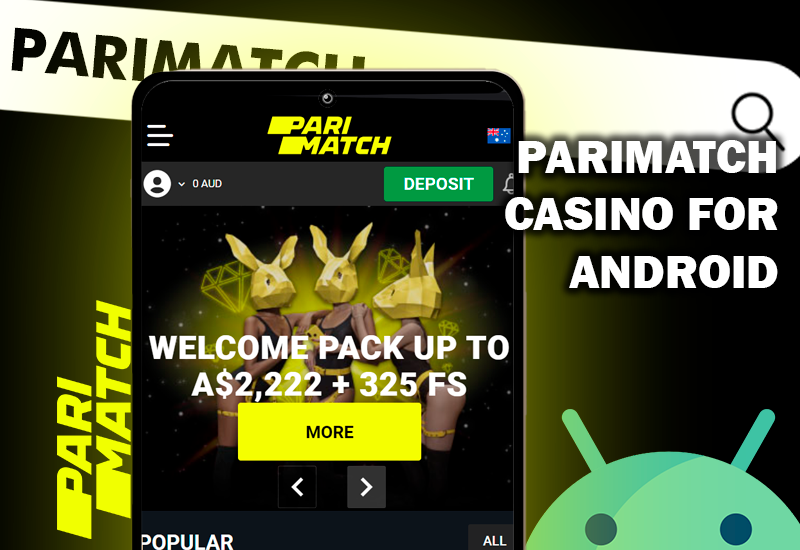 Androd logo and Parimatch casino site opened on a smartphone screen and PArimatch logo