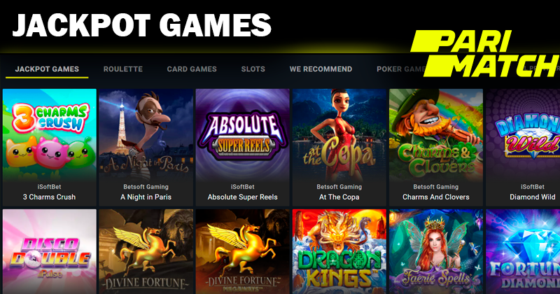 Screenshort of Jackpot games on Parimatch casino site and Parimatch logo