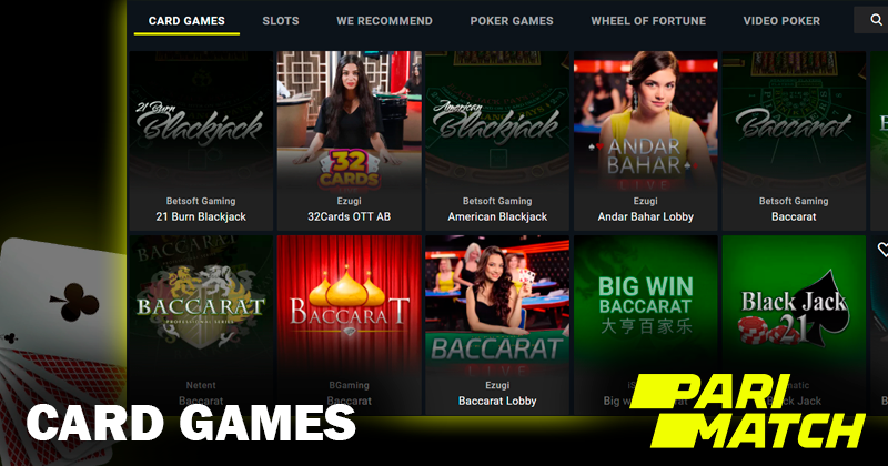 Screenshort of Card games on Parimatch casino site and Parimatch logo