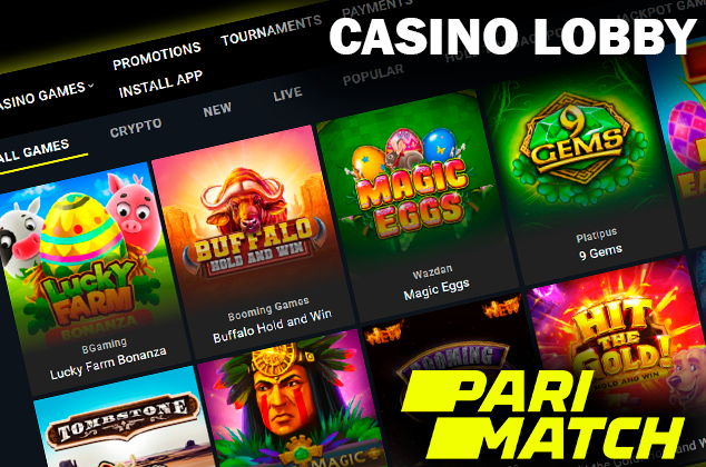 Screenshot of Casino lobby on Parimatch casino site and Parimatch logo