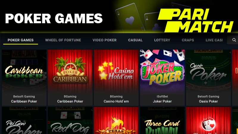 Screenshot of Poker games category on Parimatch casino site and Parimatch logo
