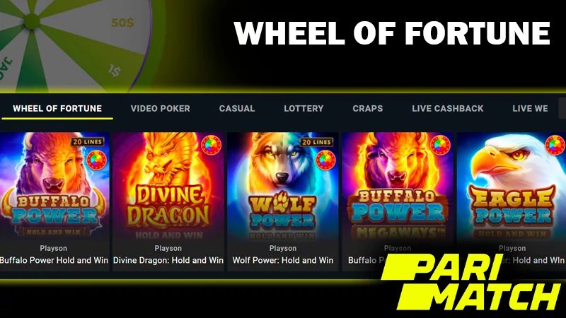 Screenshot of Wheel of Fortune category on Parimatch casino site and Parimatch logo