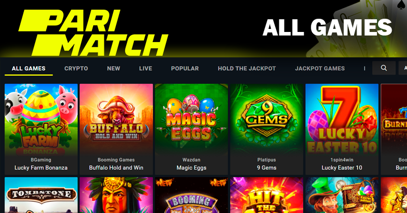 Screenshort of All games on Parimatch casino site and Parimatch logo