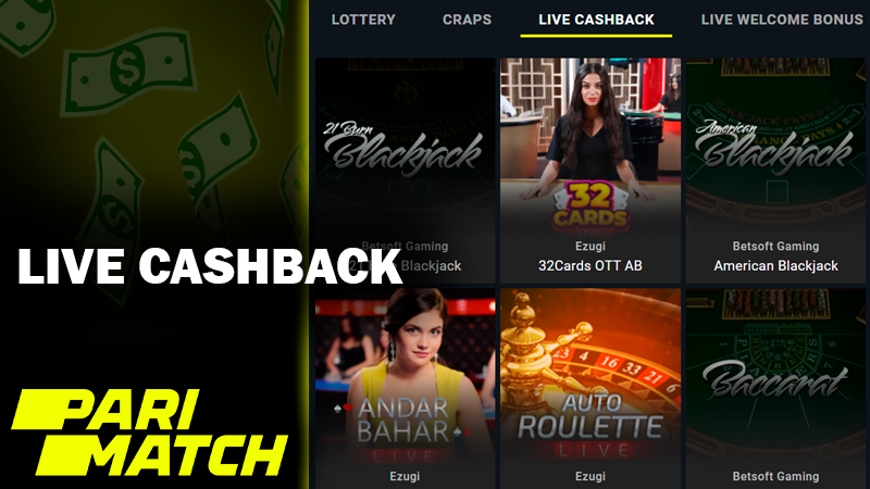 Screenshot of live cashback category on Parimatch casino site