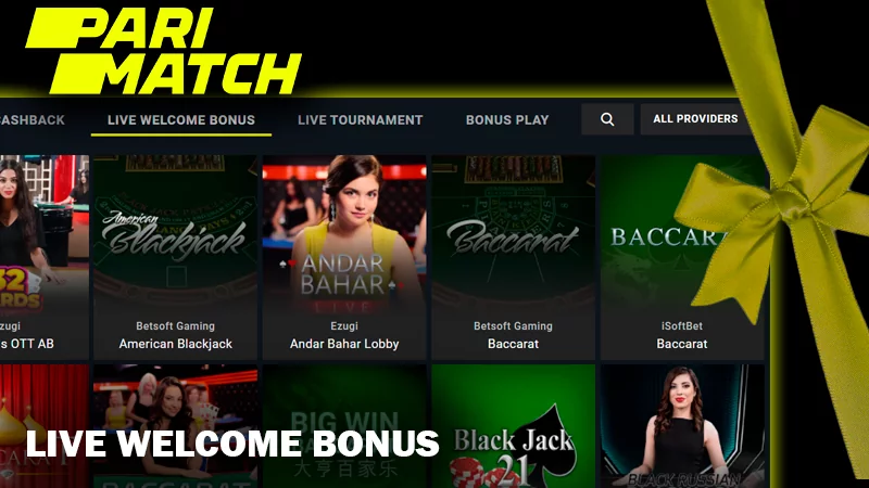 Screenshot of live welcome bonus category on Parimatch casino site