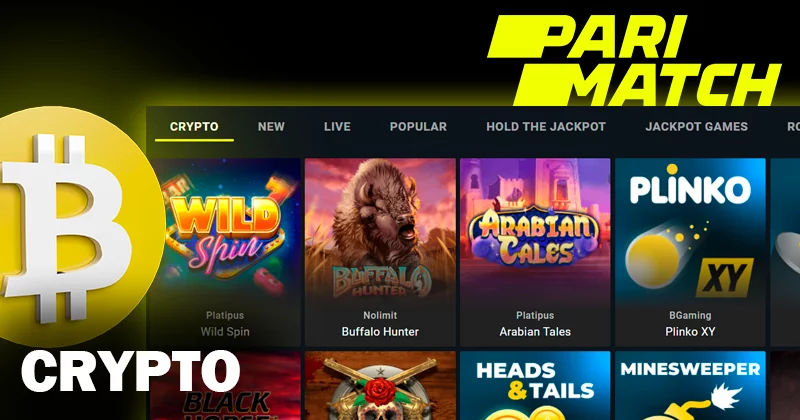 Screenshort of Crypto games on Parimatch casino site and Parimatch logo