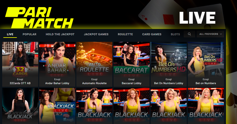 Screenshort of Live games on Parimatch casino site and Parimatch logo