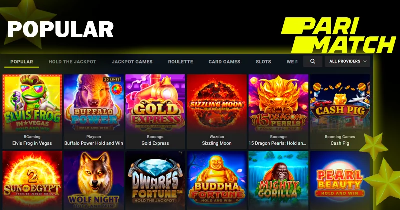 Screenshort of Popular games on Parimatch casino site and Parimatch logo