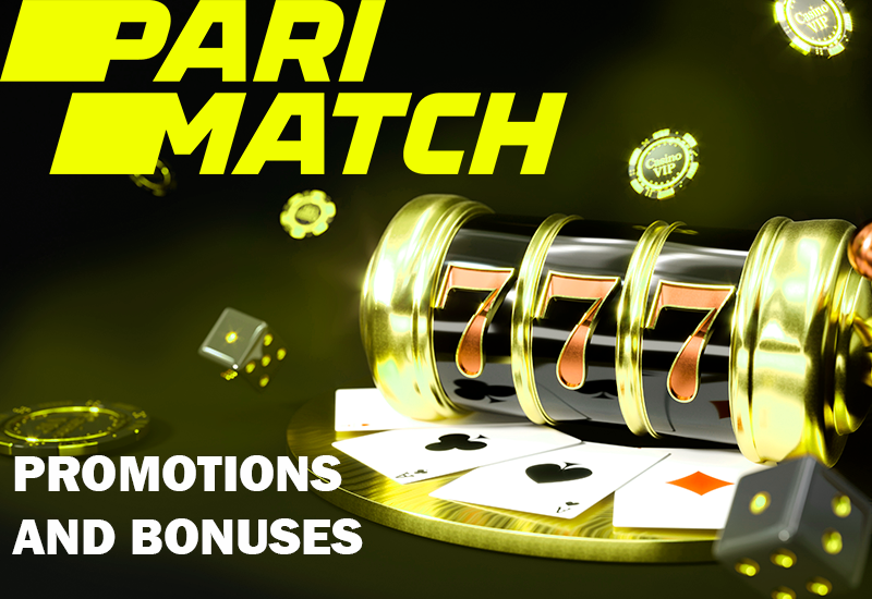 Glowing yellow casino pokies with dice and poker chips and Parimatch logo