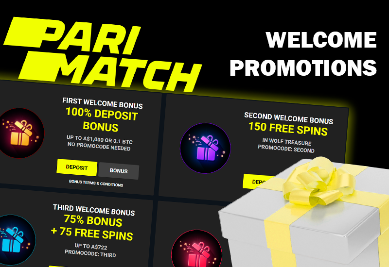 Bonuses screenshot and a gift box with yellow ribbon and Parimatch logo