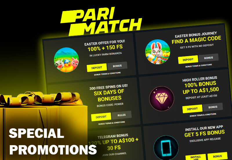 Screenshot of spesial promotions on Parimatch casino site and two gold giftboxes and Parimatch logo