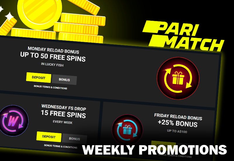 Screenshot of Weekly promotipns on Parimatch casino site with coins icon and Parimatch logo