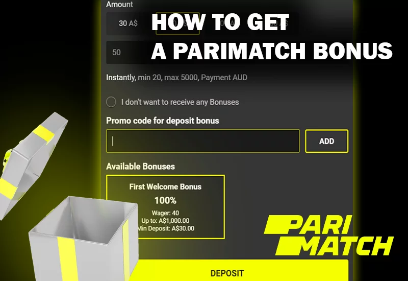 Screenshot of Deposit bonus form on Paimatch casino site, opened gift box and Primatch logo