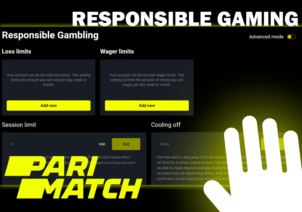 Screenshot of Responsible gaming on Parimatch casino site and Parimatch logo