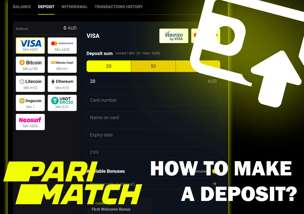 Screenshot of deposit methods on Parimatch casino site and Parimatch logo