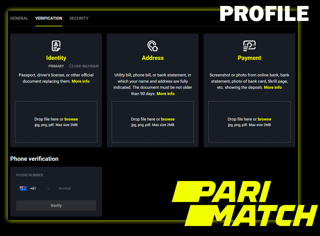 Screenshot of Verification window on Parimatch casino site and Parimatch logo