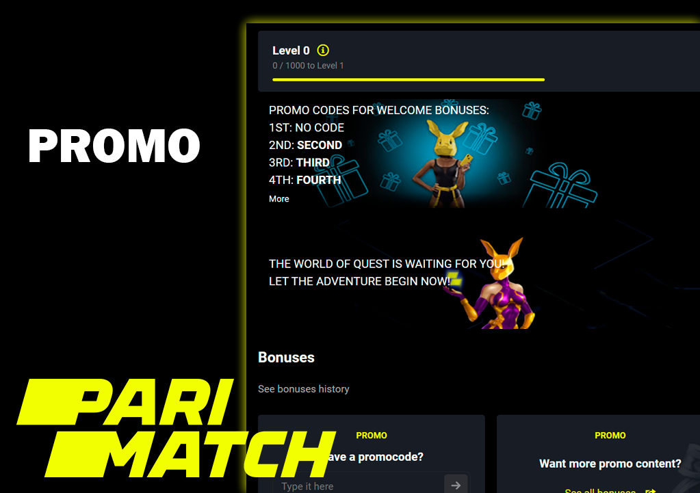 Screenshot of Promo window on Parimatch casino site and Parimatch logo