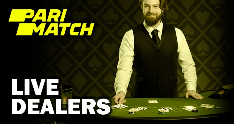 The croupier in costume at the poker table and the parimatch logo