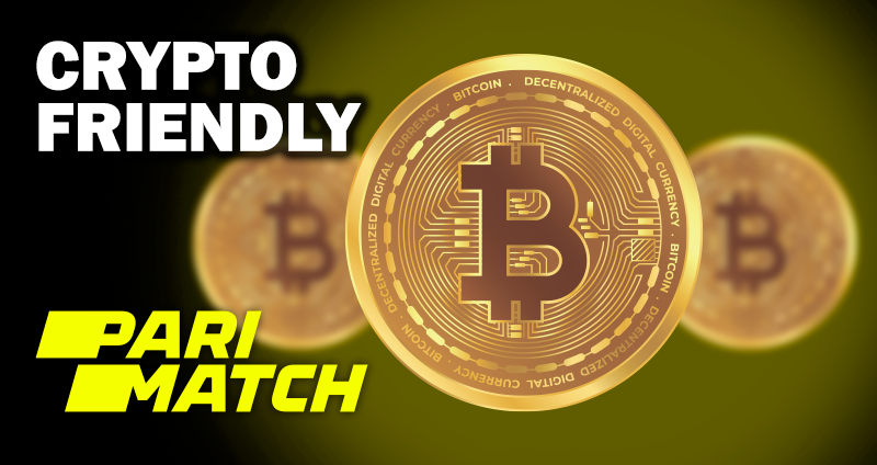 Bitcoin coin on the background of two blurry bitcoins and parimatch logo