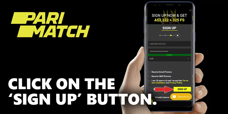 red arrow on the sign-up button at Parimatch register form on mobile phone