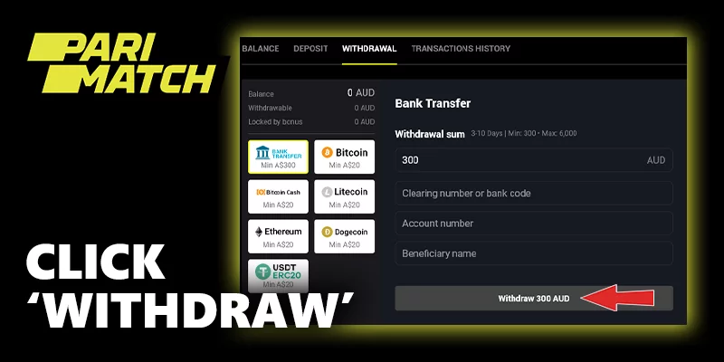 red arrow on withdraw button at parimatch