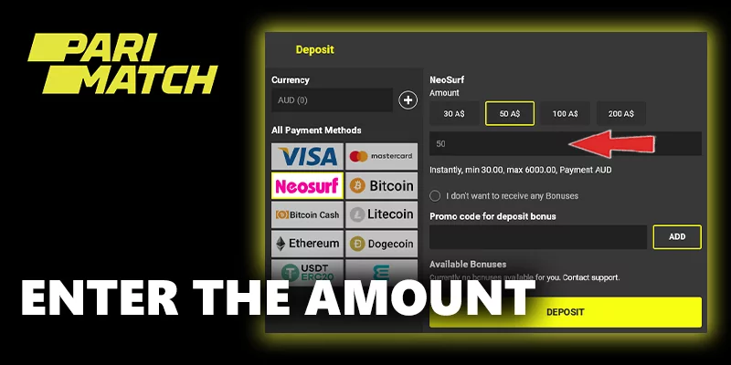 Choose a deposit amount at parimatch